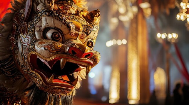 A large Reog Ponorogo lion mask highlights craftsmanship against an artistic cultural backdrop