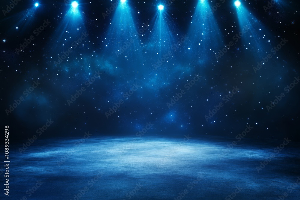 Poster a dimly lit stage illuminated by blue lights and shimmering particles, creating a magical atmosphere