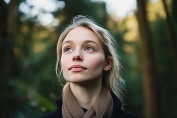 Naklejka premium young woman looking up in a serene forest setting