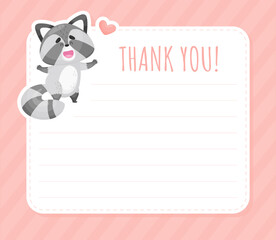 Thank You Card with Cute Raccoon Animal Vector Template