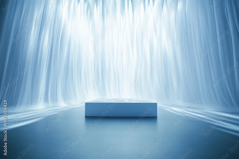 Poster a sleek, minimalistic podium is illuminated by cascading light, creating a serene and futuristic atm
