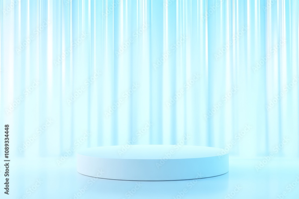 Poster a minimalist stage with a circular platform and flowing light curtains, creating a serene, modern at