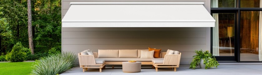 A stylish patio area featuring a cream awning, modern furniture, and lush greenery for a comfortable outdoor living space.