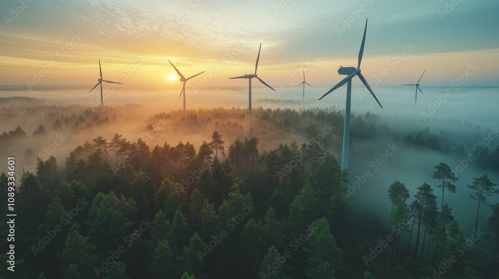 Poster as the sun rises, wind turbines emerge from the fog over a dense forest, symbolizing the harmony bet