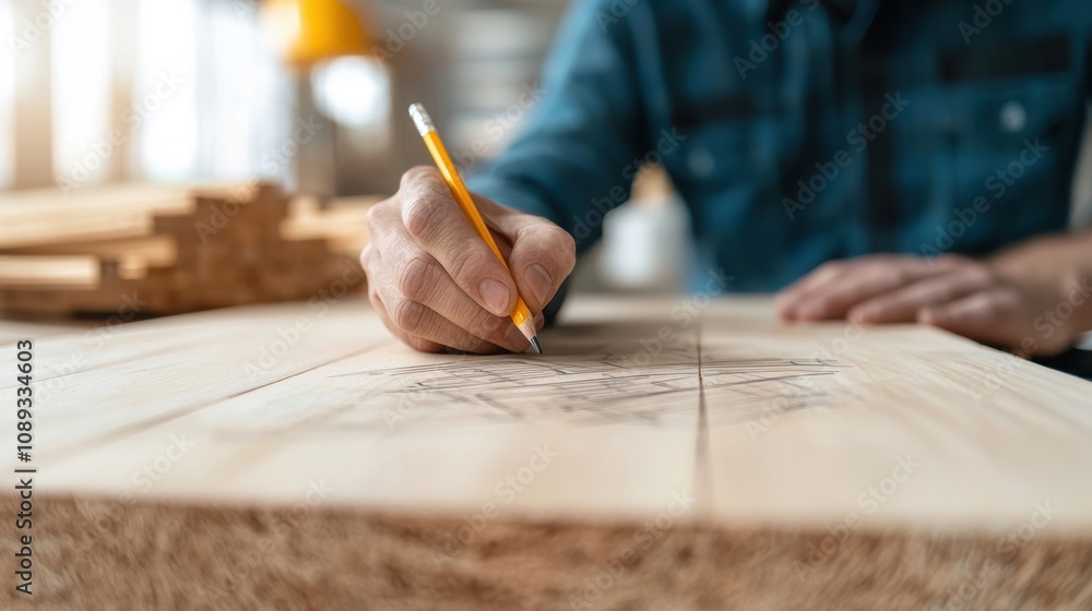 Poster A person sketches on a wooden surface using a pencil, showcasing craftsmanship and artistic skills in a workshop environment.