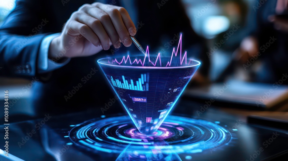 Poster A businessman uses a stylus to interact with a holographic funnel chart displaying data on a digital tablet.