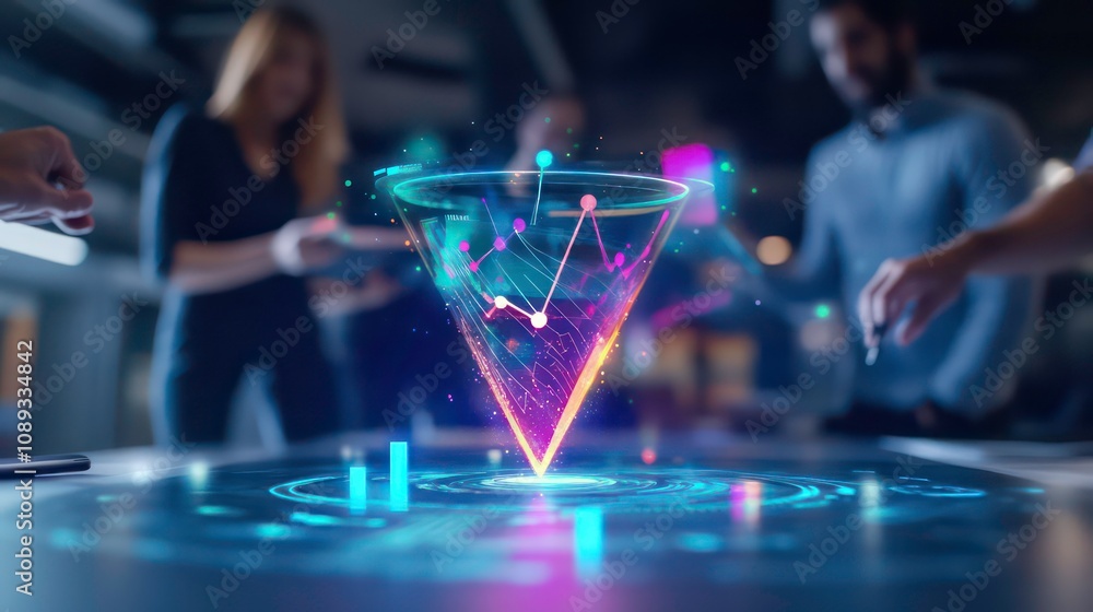 Poster A team of business people collaborating around a futuristic holographic display showcasing data visualization and financial analysis.