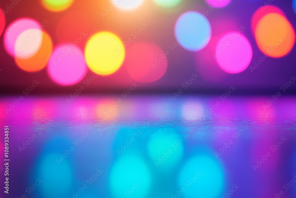 Poster a vibrant display of colorful bokeh lights reflecting on a smooth surface, creating a lively and fes