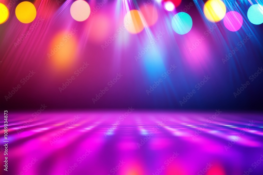 Poster a vibrant scene featuring colorful lights and reflections, creating a lively atmosphere suitable for