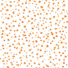 Orange maple leaves falling on white background; autumnal design.