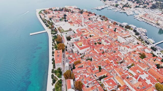 Aerial footage of old town of Zadar, Croatia