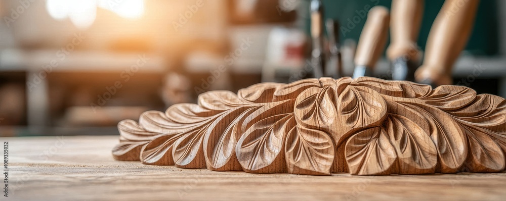 Poster a close-up of an intricately carved wooden piece featuring leaf patterns, showcasing craftsmanship a