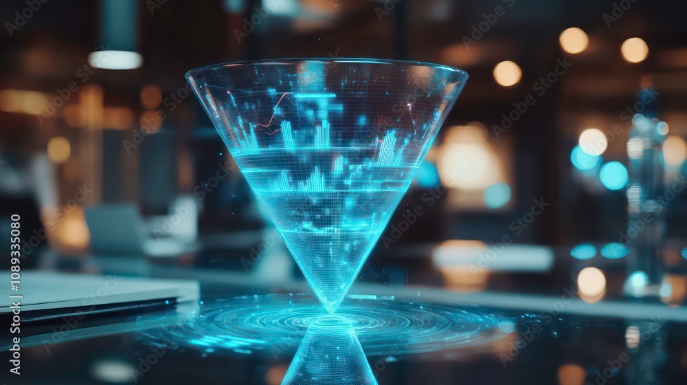 Poster A futuristic blue holographic cone displaying data visualization on a glass table in an office environment.