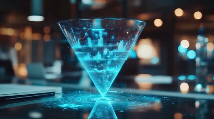 A futuristic blue holographic cone displaying data visualization on a glass table in an office environment.