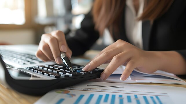 A professional individual working on a calculator with documents and graphs on a desk, focusing on financial analysis.