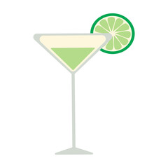 A glass of green liquid with a lime wedge on top. The glass is tall and slender, and the lime wedge is positioned at the top right corner of the glass