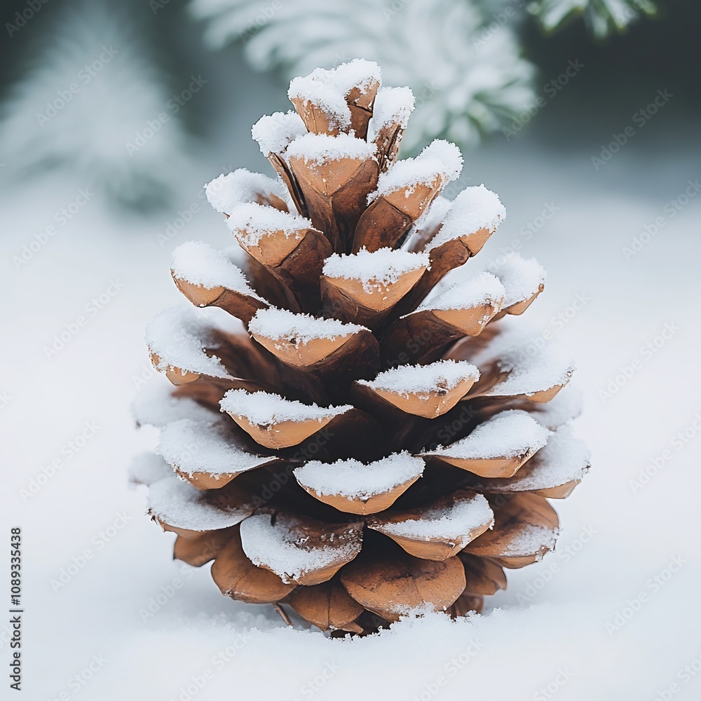 Poster closeup of a snowy pine cone with intricate icy patterns and textures isolated against a white backg