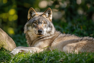 Obraz premium Majestic wolf resting in a sunlit forest, showcasing its thick fur and piercing eyes, capturing a tranquil moment in the wild.