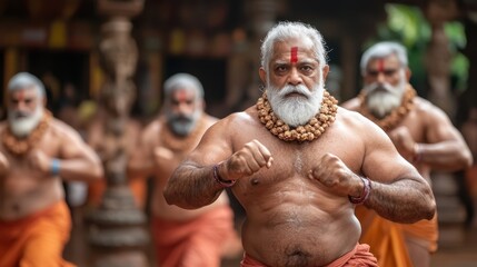 Captivating Candid Shot of Martial Artists Practicing Kalaripayattu in Traditional Attire at an Outdoor Setting with Focus and Precision