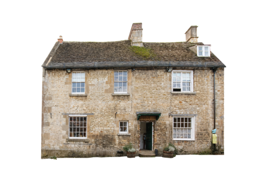 Two-story stone old English cottage bungalow in uk isolated transparent png