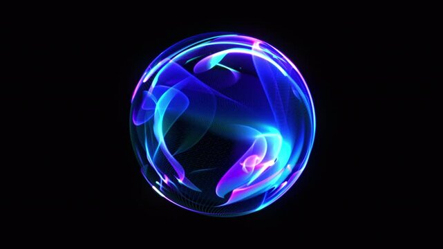 Neon glowing futuristic 3d sphere. Blue and purple particle energy orb. Abstract technology, science, big data, and artificial intelligence. AI virtual assistant. Glass liquid 3d sphere. 4k loop.