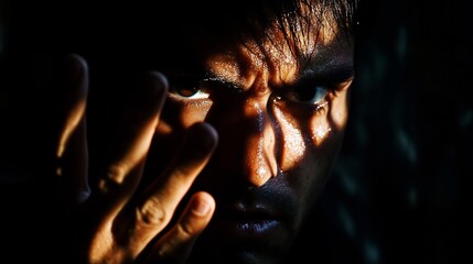 Dramatic closeup portrait of a man s intense emotive facial expression captured in the dramatic lighting and shadows conveying a sense of pain despair and inner turmoil