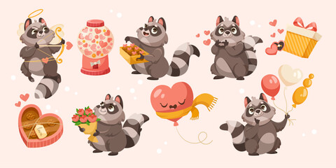 Raccoon Animal and Love Valentine Holiday Gift Vector Set