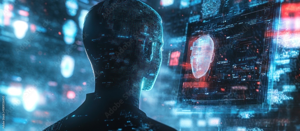 Poster a figure observes a digital interface displaying a holographic face in a tech-themed environment.