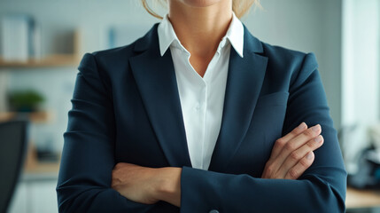 Confident businesswoman in formal attire with arms crossed in office setting