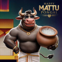 Mattu( cow) pongal celebration, muscular bull holding a pongal pot in hand, creative concept  3d render, Ai generated