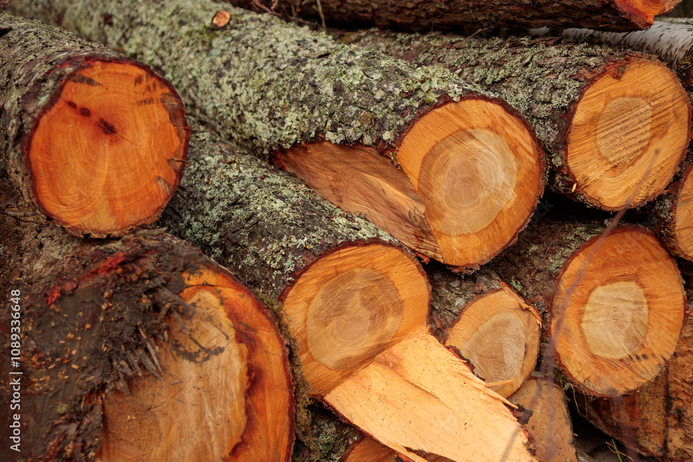 Wall mural Pile of wooden logs, big trunks of tall trees cut and stacked in a forest. Ecological damage and deforestation