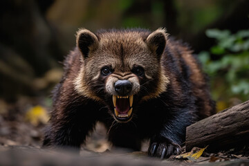 Fototapeta premium A fierce wolverine with sharp teeth, captured in a dense forest setting, displaying an intense and wild demeanor.