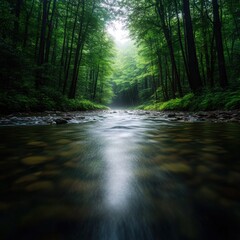 Fototapeta premium serene forest stream with lush greenery and soft light