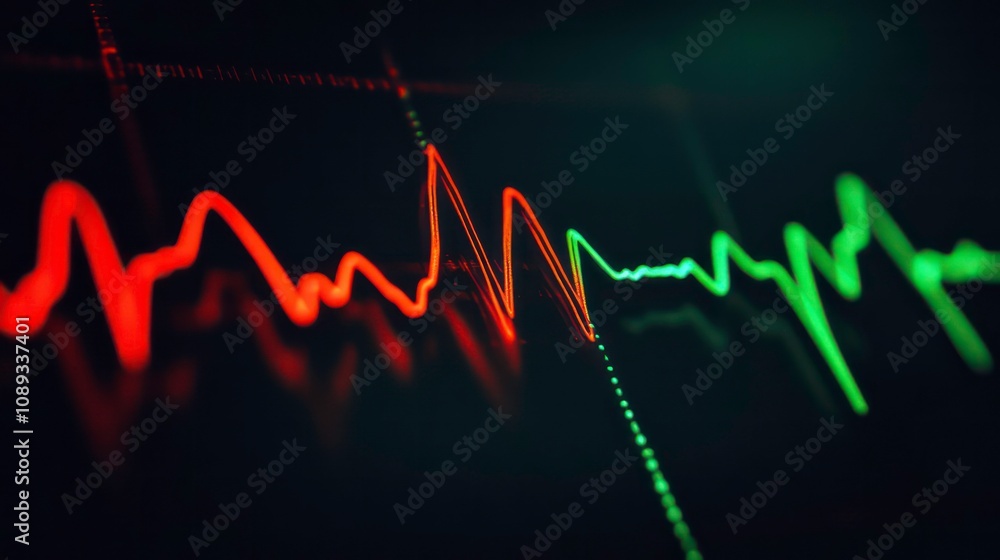 Poster Close-up of a red and green line graph on a dark background, showing fluctuations in data.