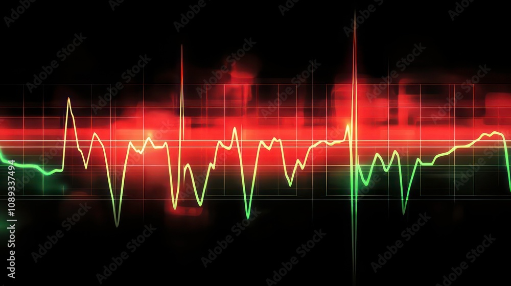 Poster abstract digital heartbeat or ekg line on a red background with grid.