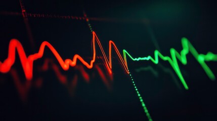 Close-up of a red and green line graph on a dark background, showing fluctuations in data.