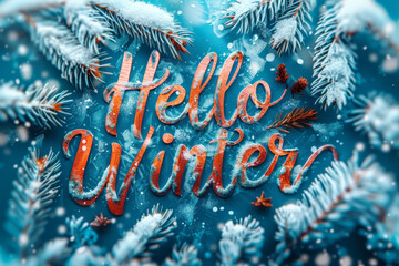 Vibrant red "Hello Winter" text with frosted pine needles and scattered snowflakes on a cool blue background, capturing the essence of winter.