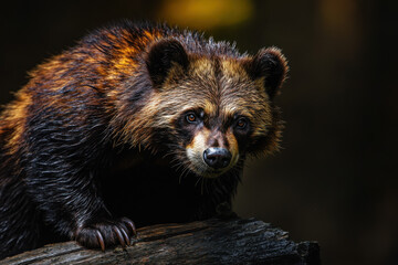 Obraz premium A close-up of a wet wolverine perched on a log, showcasing its thick fur and intense gaze against a dark, blurred background.