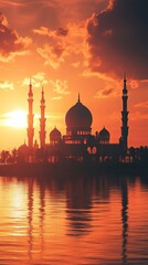 Fototapeta premium Ramadan kareem eid mubarak mosque in evening with sun light background generative ai