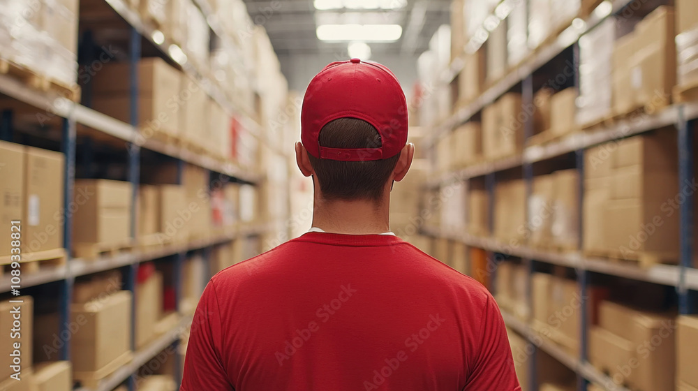 Poster worker effort and benefits concept. warehouse worker organizing boxes, focused on efficiency and ord