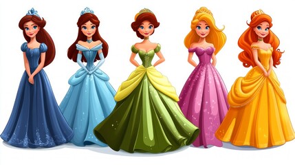 Five beautiful princesses in elegant ball gowns, standing in a row, against a white background.