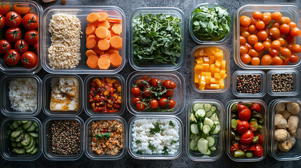 Aerial View of a Meal Preparation Station Featuring Fresh Vegetables, Grains, and Colorful Ingredients Organized in Transparent Containers for Easy Cooking