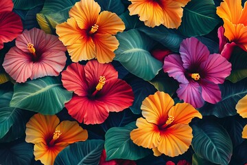 Tropical Hawaiian Fabric with Lush Leaves and Hibiscus