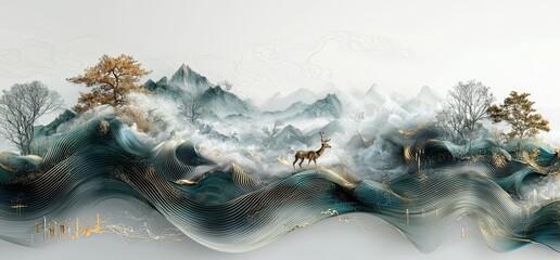 3D modern landscape mural wallpaper on gray background with a black tree, golden sun, and golden turquoise mountains.