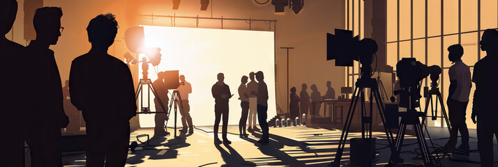 A group of filmmakers discussing the lighting for a scene, near a brightly lit set.