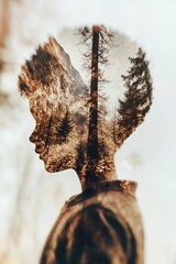 Double exposed child boy's face with forest inside