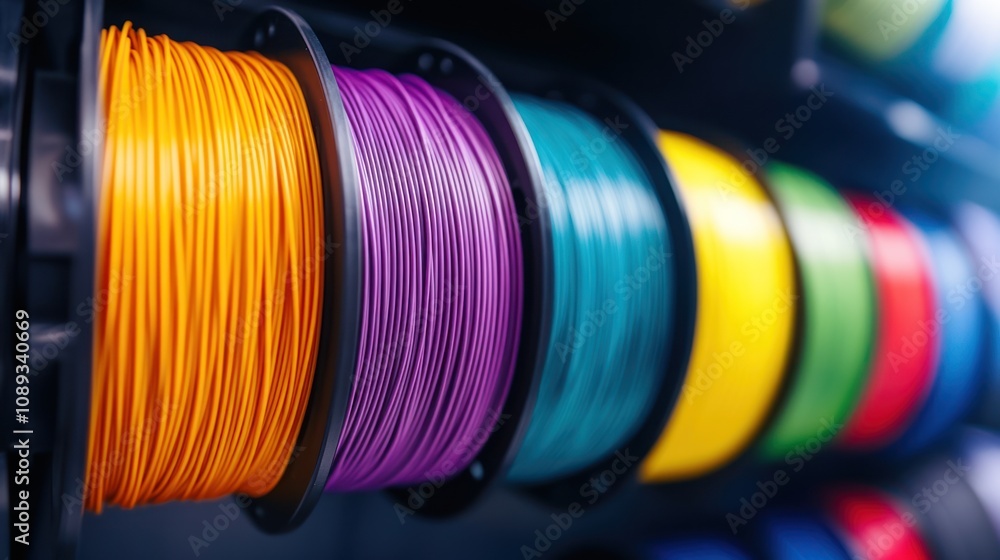 Poster a close-up of colorful spools of filament for 3d printing on a shelf.