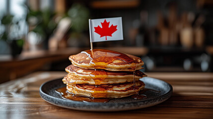 Canada Day celebration with delicious pancakes drizzled with maple syrup and Canadian flag
