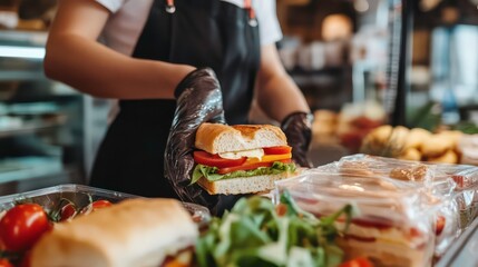 Grocery store deli employee prepares sandwiches and salads for deli counter, with a blurred background