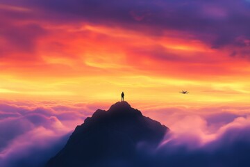 Fototapeta premium a person standing on a mountain peak at sunset with a drone flying nearby